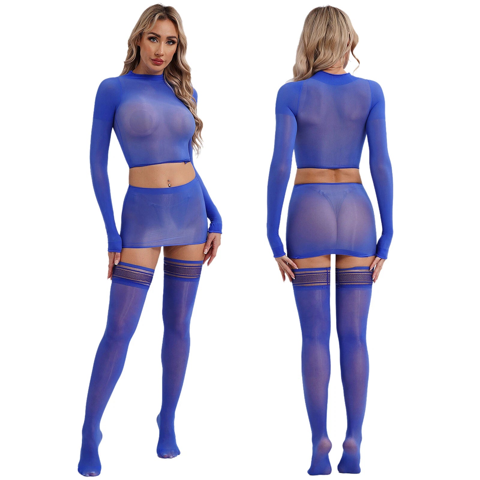 Womens Crop Top And Skirt With Stockings Round Neck Nightwear Tempting Glossy