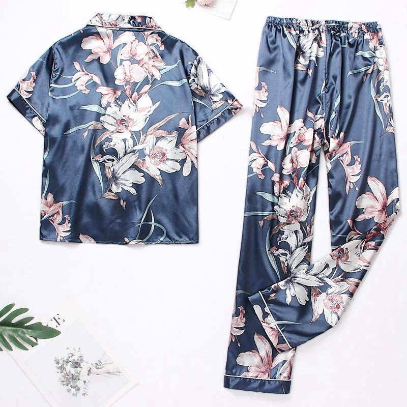 Women's Silk Satin Pajamas Set Short Sleeve Print Sleepwear Nightwear Pyjamas PJ