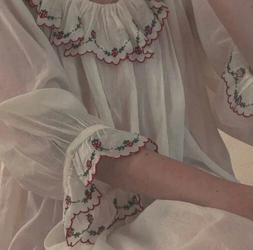 Vintage Women Sleepwear LadiesStrawberry Embroidery Lace  Semitransparent Dress