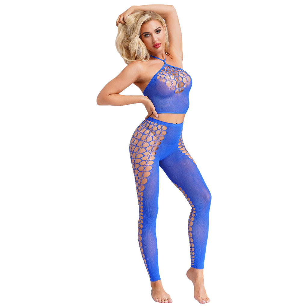 Womens Hollow Out Translucent Lingerie Set Stretchy Fishnet Solid Color Tights