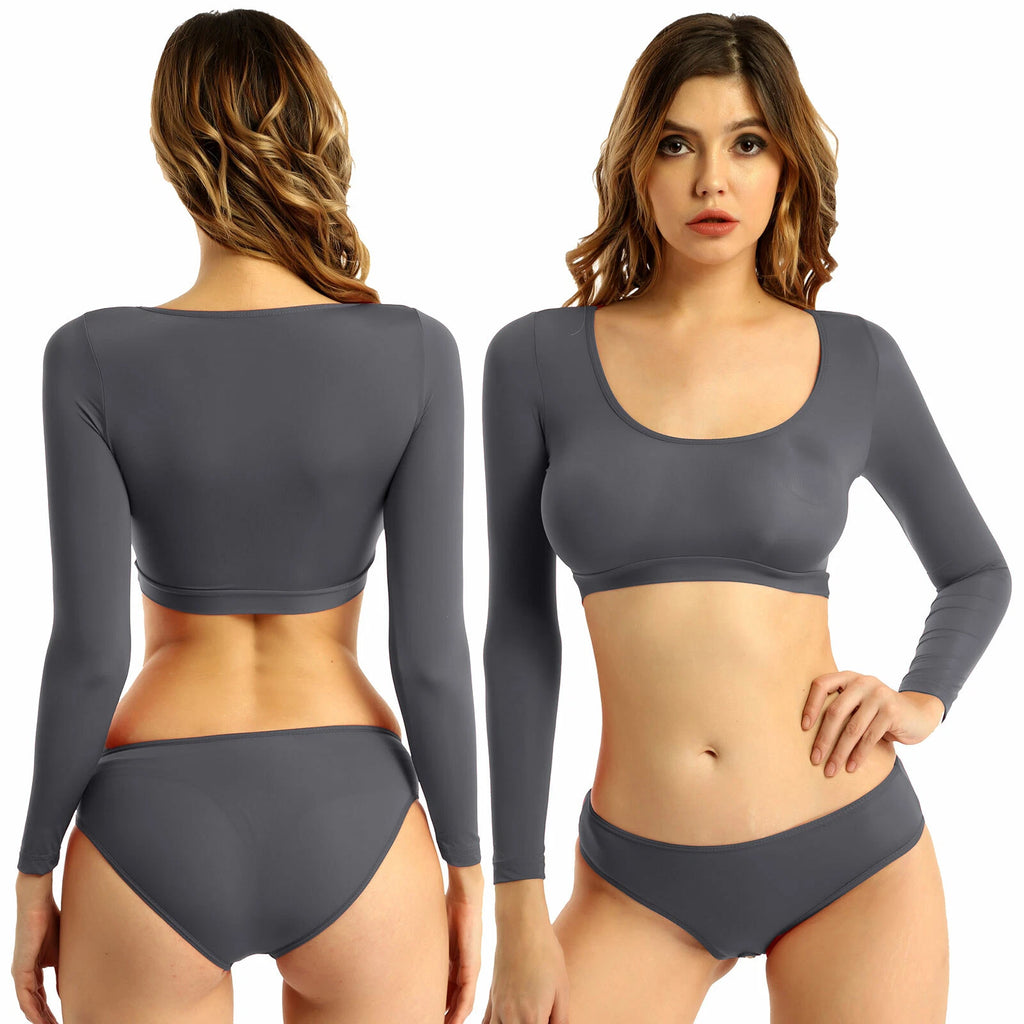 Womens Two-piece Underwear Lingerie Babydoll Long Sleeve Crop Top Brief Clubwear