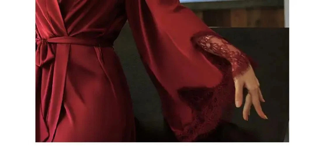 Sexy Robe with Lace Satin Women Nightgown Bathrobe Gown Nightdress Gown Home