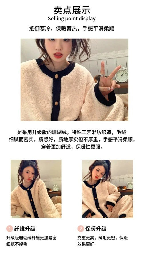 2 Pieces /Sets Winter Pajamas  Flannel Coral Long Sleeve  Suit Kawaii Velvet