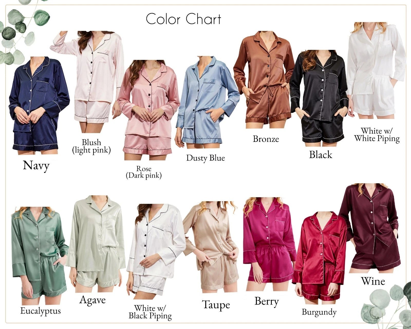 Satin Pajama Set 2 Piece Long Sleeve & Shorts Bridal Party Sleepwear