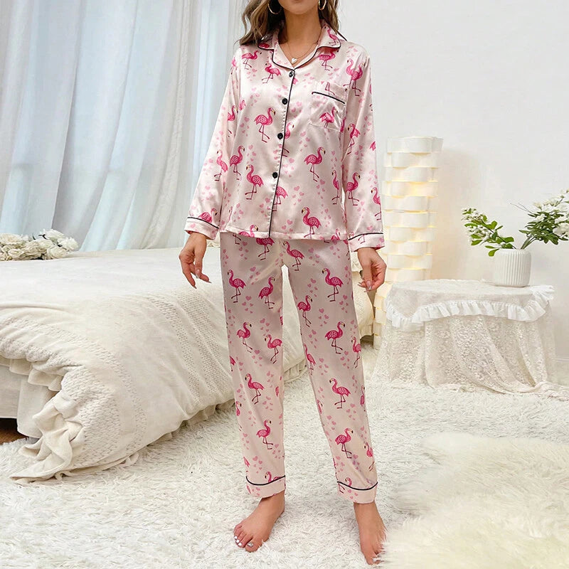 Women Silk Satin Pajamas Set Long Sleeve Button-Down Sleepwear Loungewear Charm