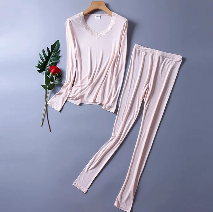 Women Silk Thermal Lace Long Johns Top & Bottom Set Soft Mulberry Silk Underwear