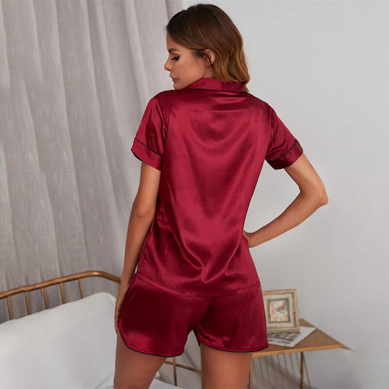 Women's Short Sleeve Silk Pajamas Set Print Satin Sleepwear Homewear Nightwear