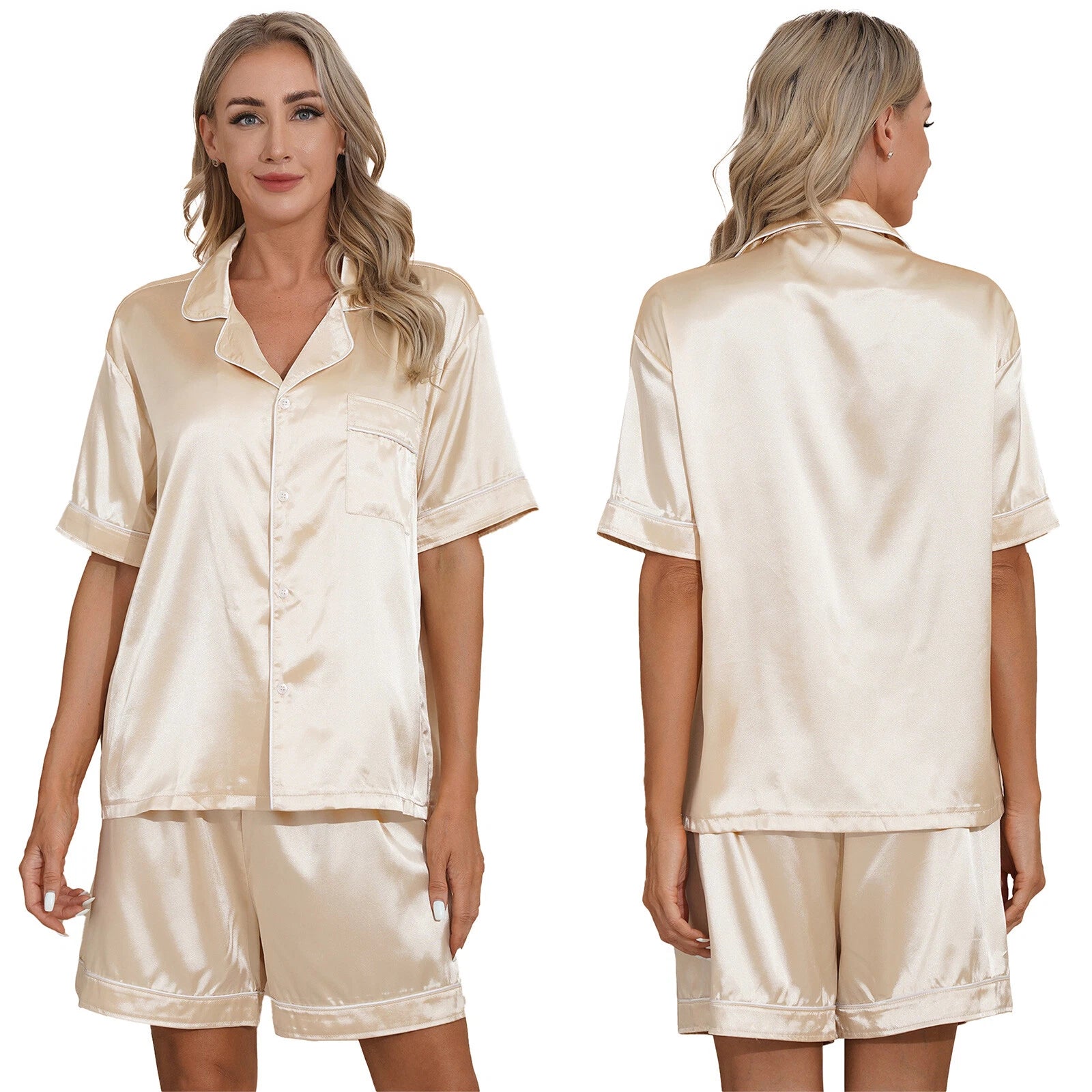 AU Women's Satin Pajamas Short Sleeve Top with Shorts Sleepwear Loungewear Set
