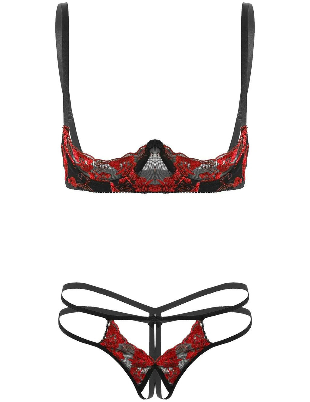 Women Bare Breasts Bra Set Open Crotch G-string Panties Underwire Nightwear