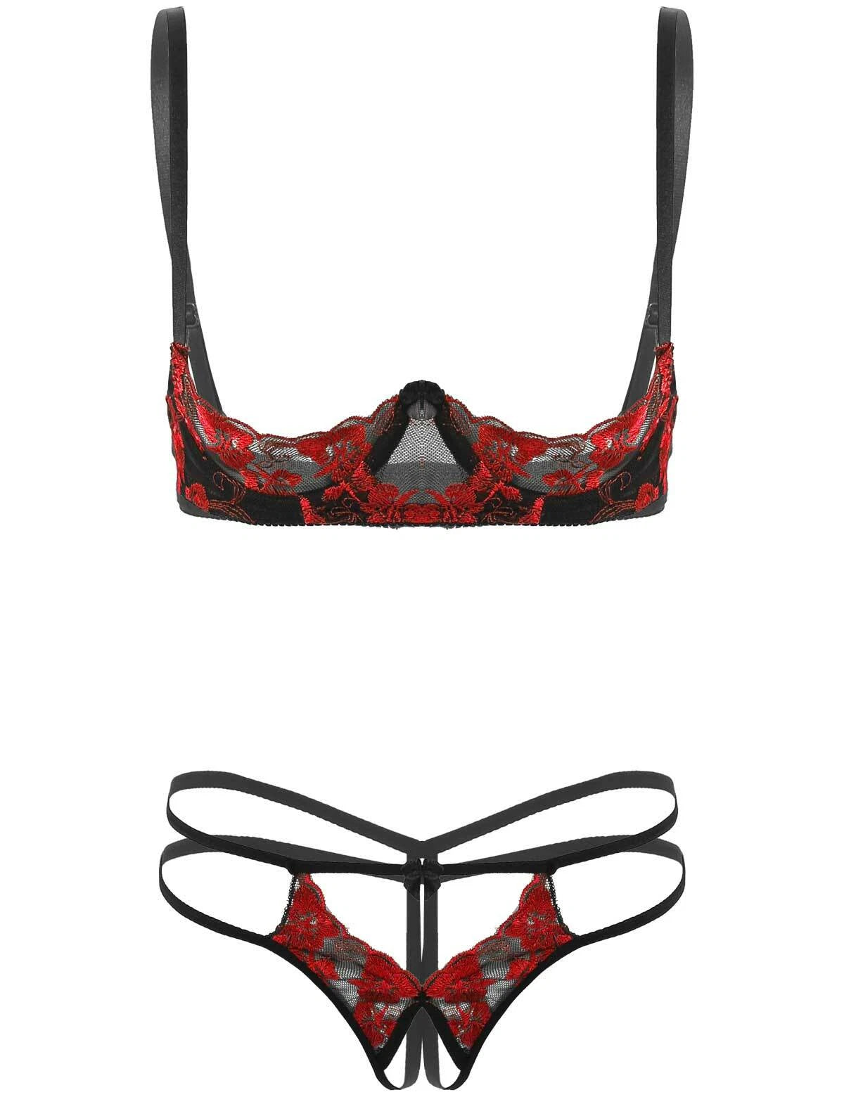 Women Bare Breasts Bra Set Open Crotch G-string Panties Underwire Nightwear