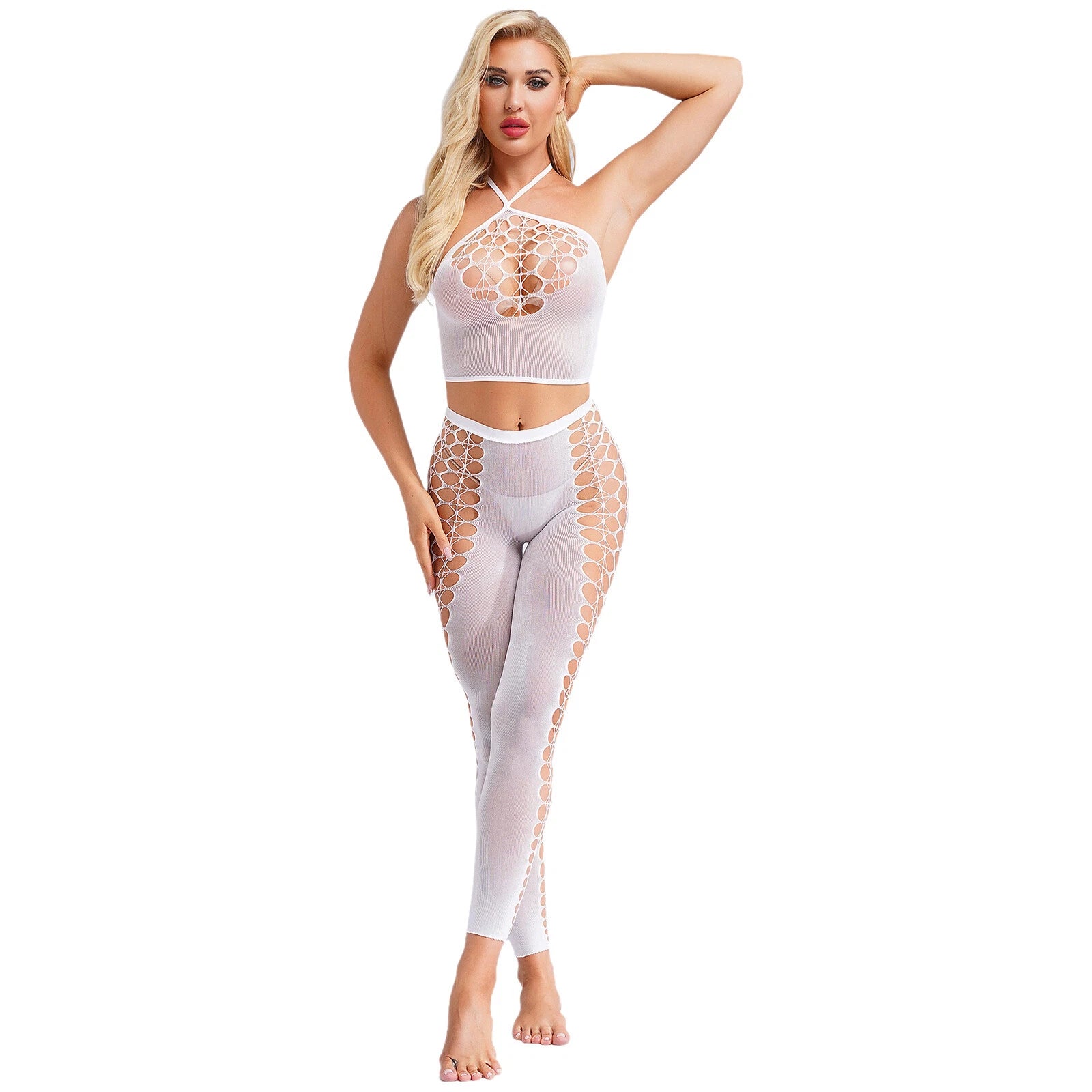 Womens Hollow Out Translucent Lingerie Set Stretchy Fishnet Solid Color Tights