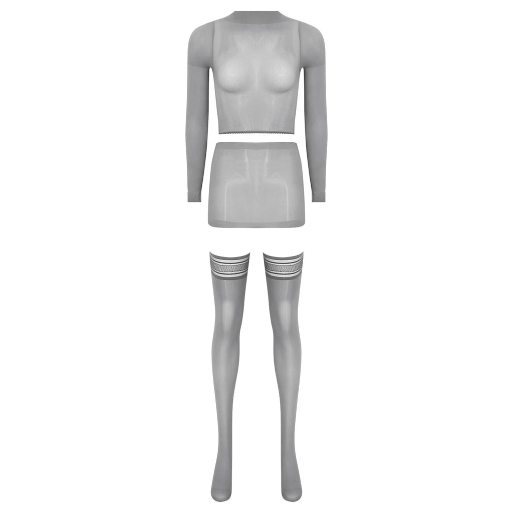 Womens Crop Top And Skirt With Stockings Round Neck Nightwear Tempting Glossy