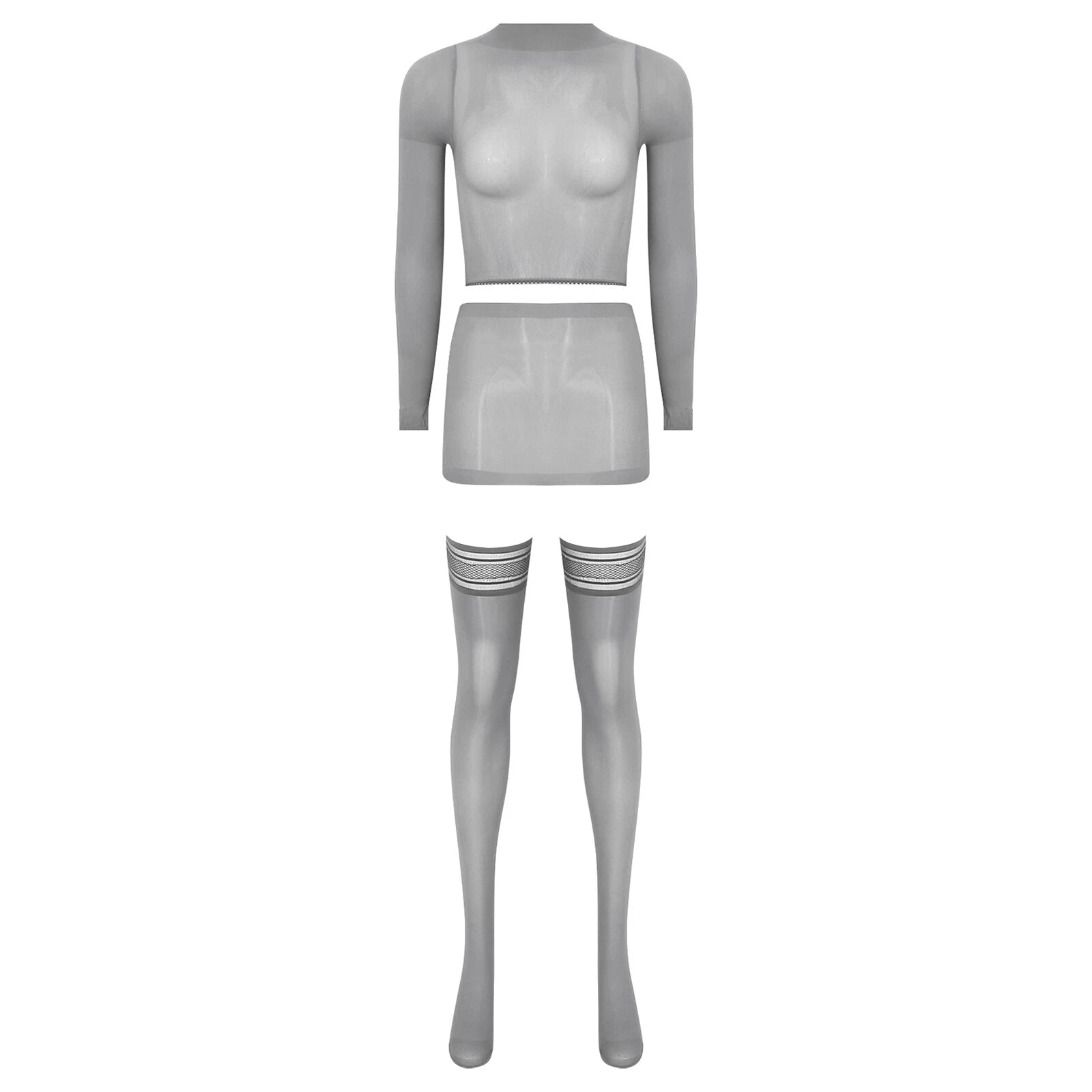 Womens Crop Top And Skirt With Stockings Round Neck Nightwear Tempting Glossy