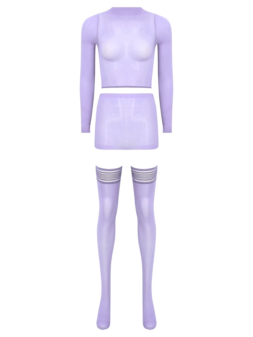 Womens Crop Top And Skirt With Stockings Round Neck Nightwear Tempting Glossy