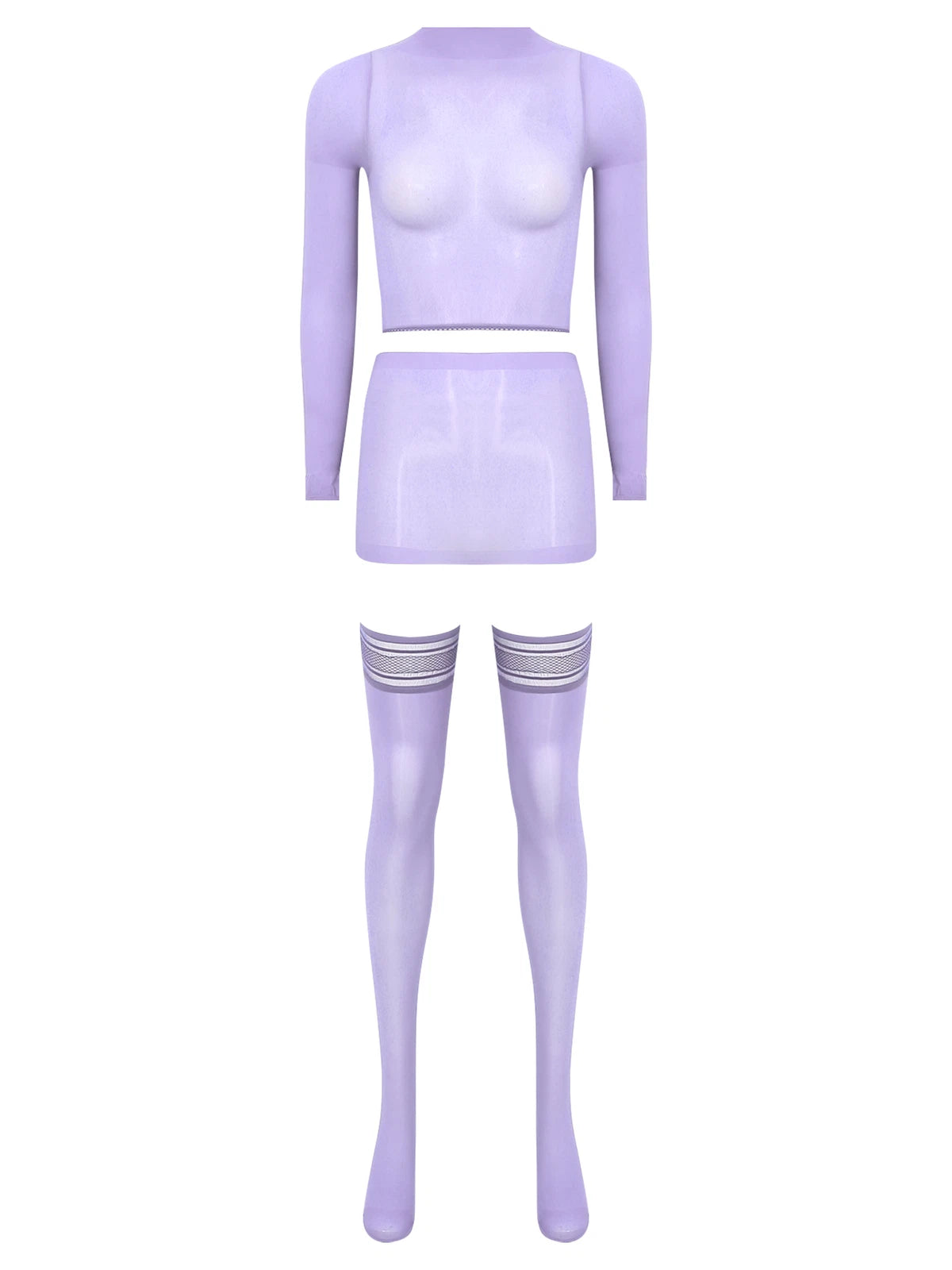 Womens Crop Top And Skirt With Stockings Round Neck Nightwear Tempting Glossy