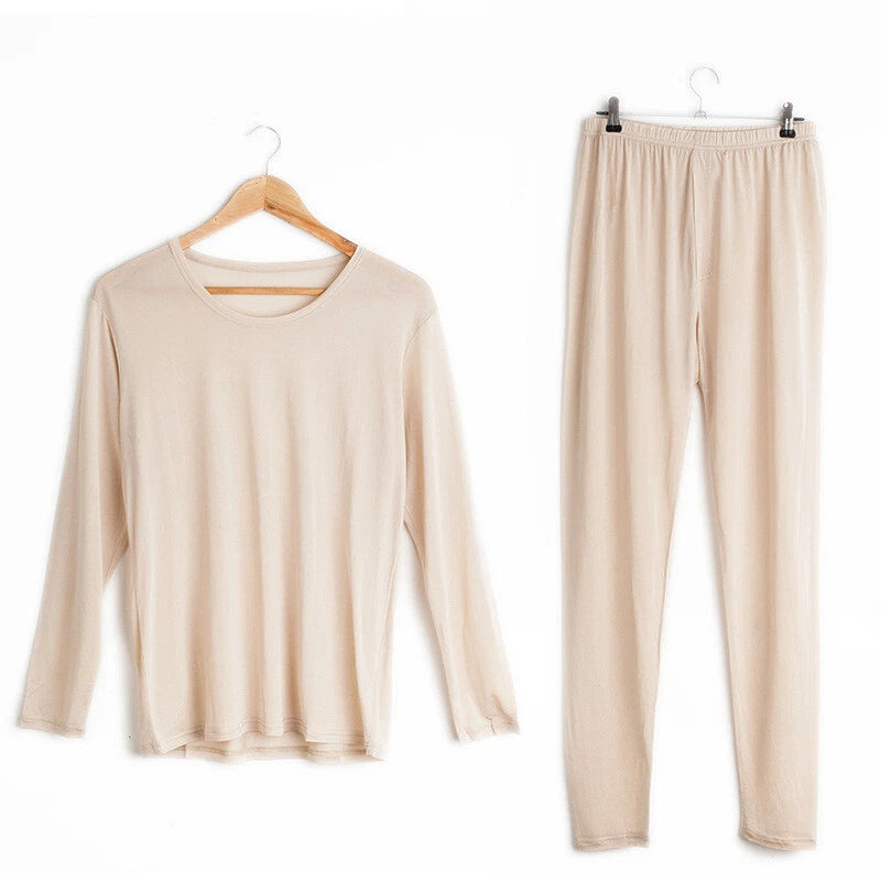 Men 100% Mulberry Silk Thermal Underwear Pajama Set Long Johns Base Layer Sets