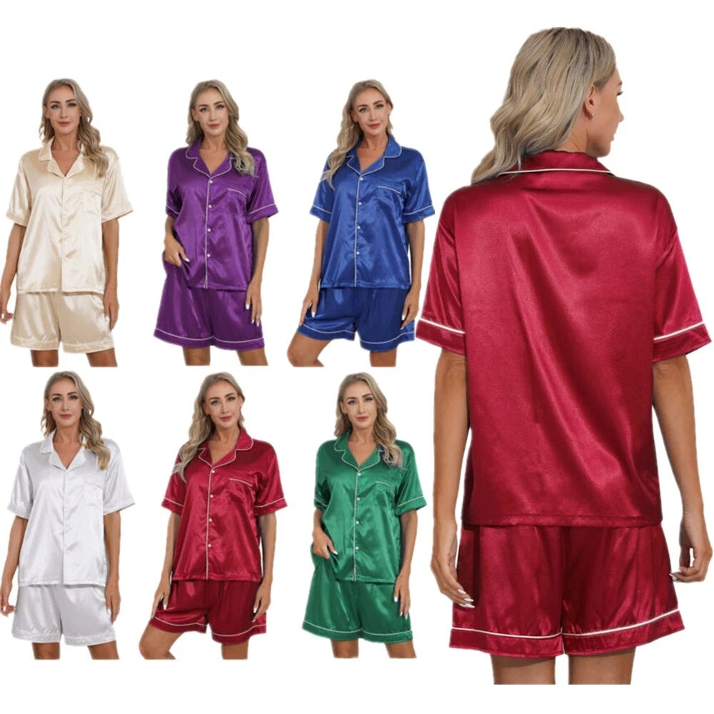 AU Women's Satin Pajamas Short Sleeve Top with Shorts Sleepwear Loungewear Set