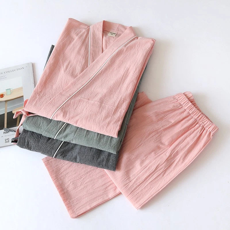 Women 100% Cotton Pajamas Japanese Kimono Robe Top+Pants Sleepwear Nightgown Set