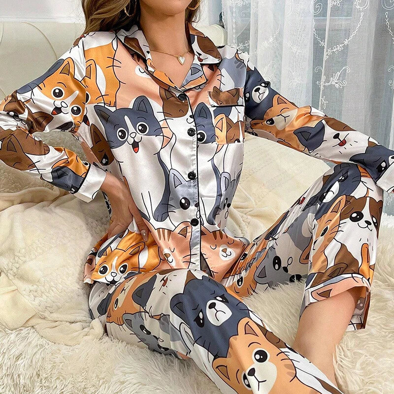 Women Silk Satin Pajamas Set Long Sleeve Button-Down Sleepwear Loungewear Charm