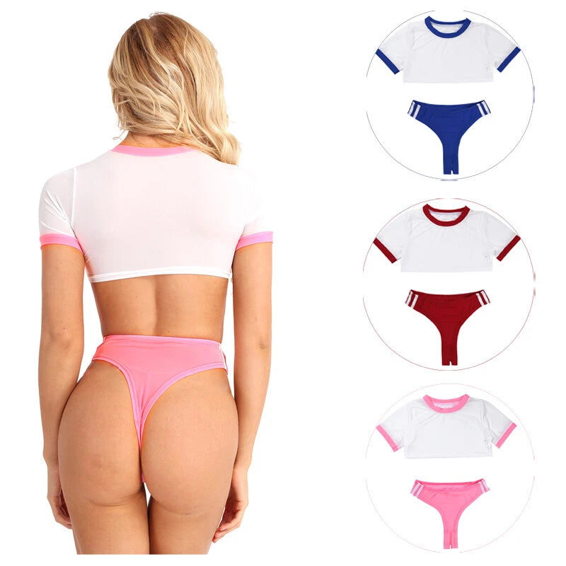 Women Naughty Schoolgirls Lingerie Set Crop Top with Crotchless Briefs AU