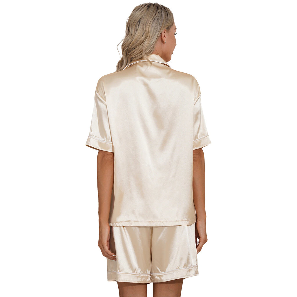 AU Women's Satin Pajamas Short Sleeve Top with Shorts Sleepwear Loungewear Set