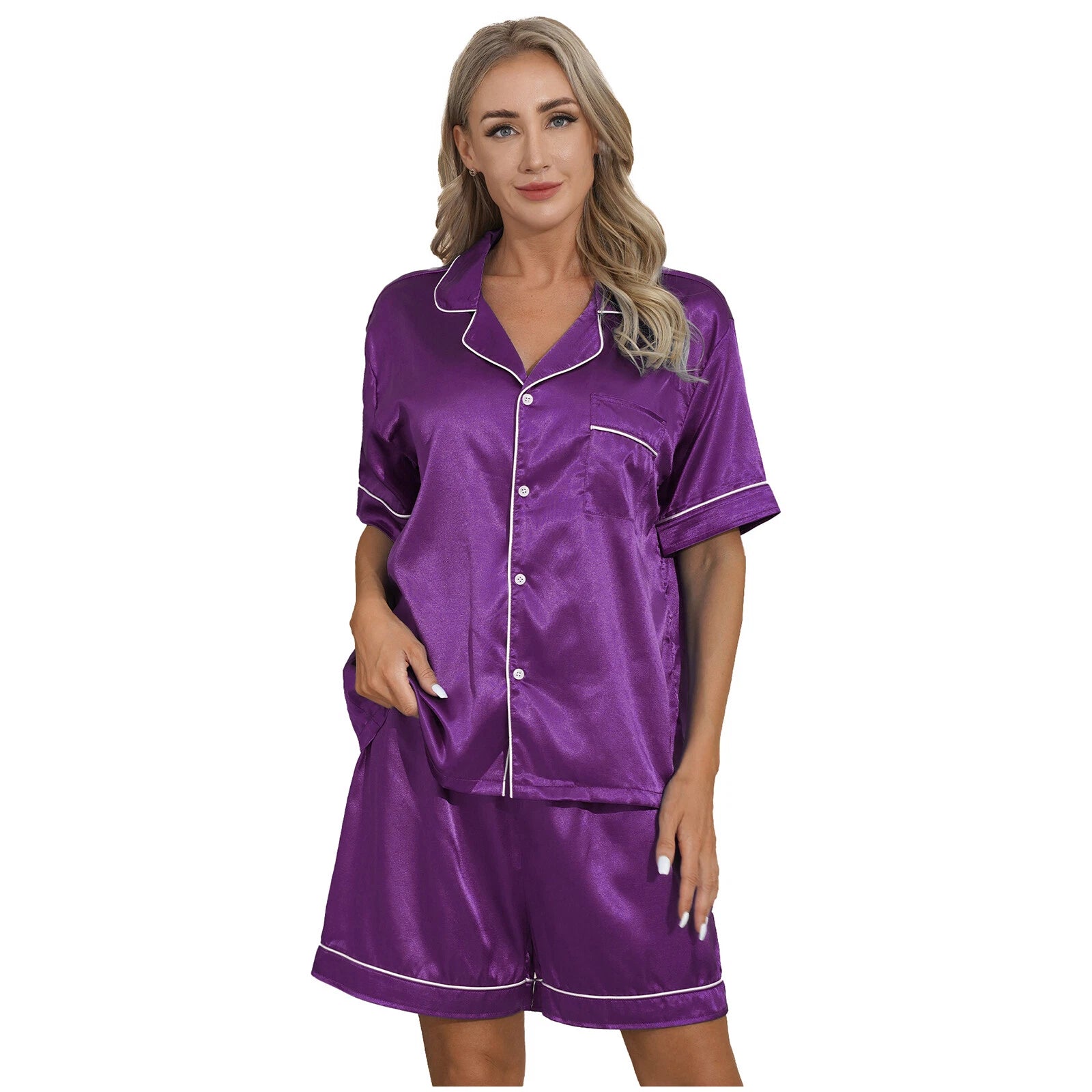 Women's Satin Pajamas Short Sleeve Top with Shorts Sleepwear Loungewear AU
