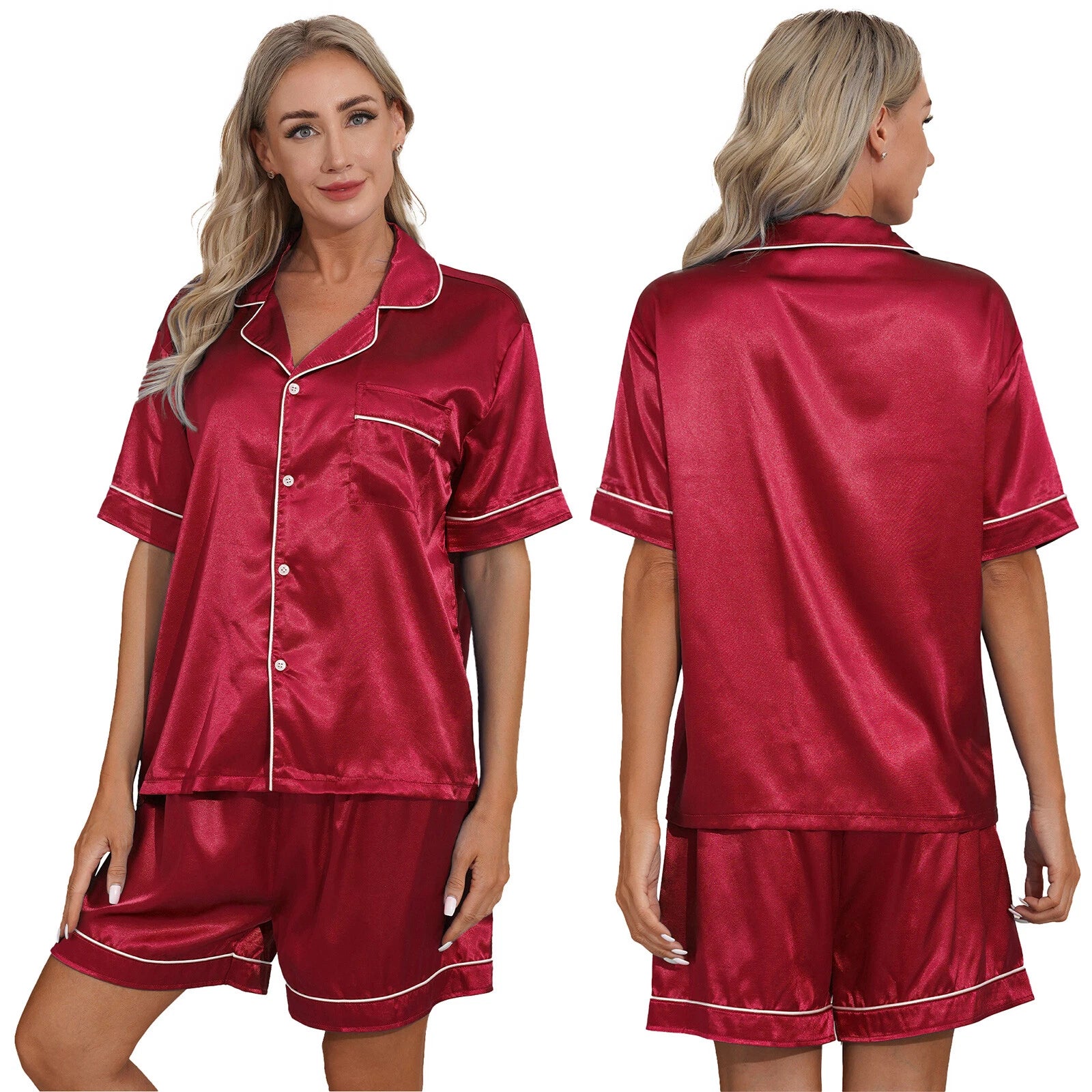 AU Womens Solid Satin Pajamas Set Tops with Shorts 2 Piece Sleepwear Loungewear