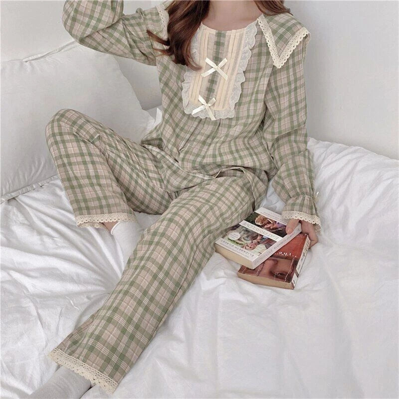 Lolita Princess Pajamas Set Women Loose Lacework Bow Tie Plaid Top Pants 2 Pcs