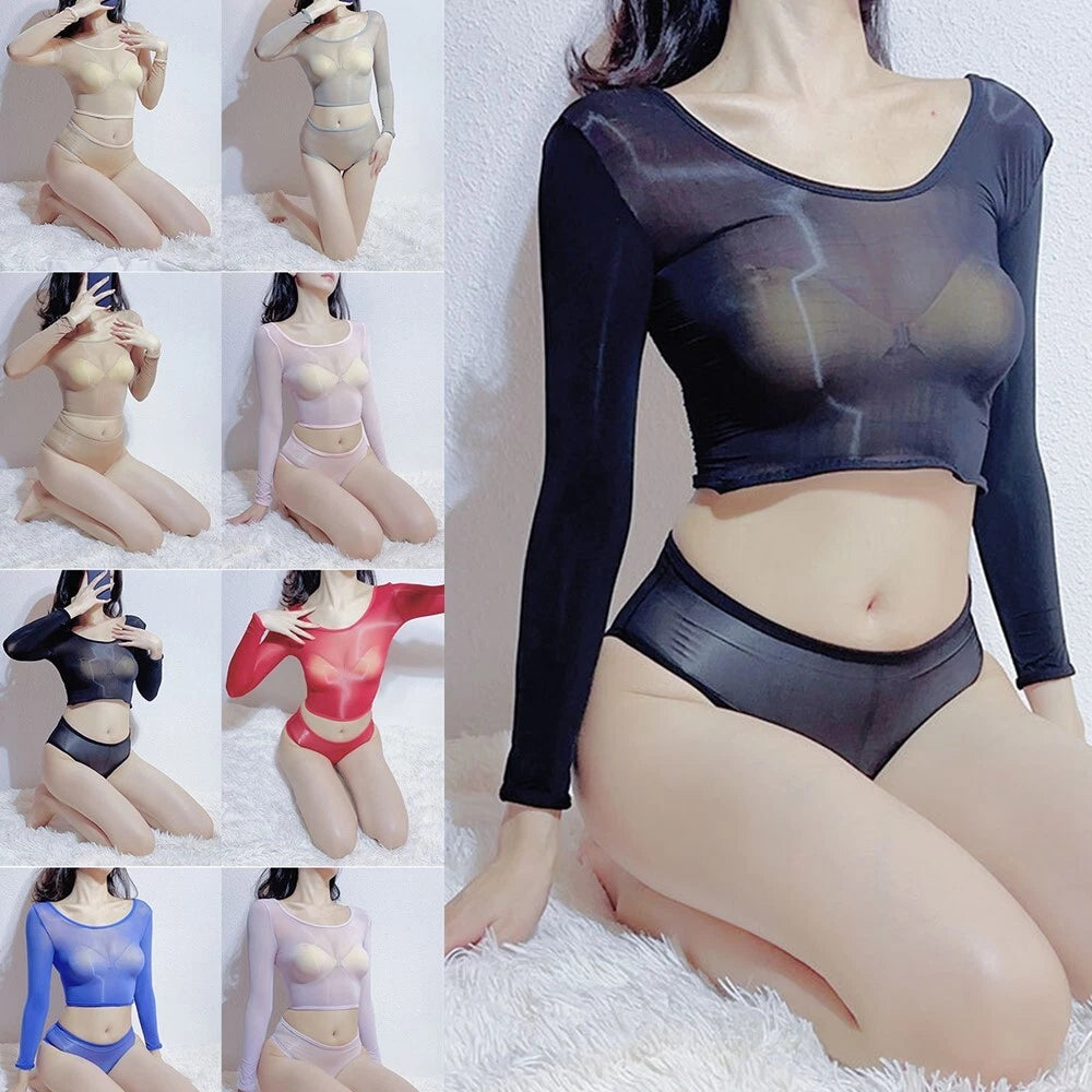 Womens Crop Top With Briefs Mid Waist Nightwear Long Sleeve Tops And Panties