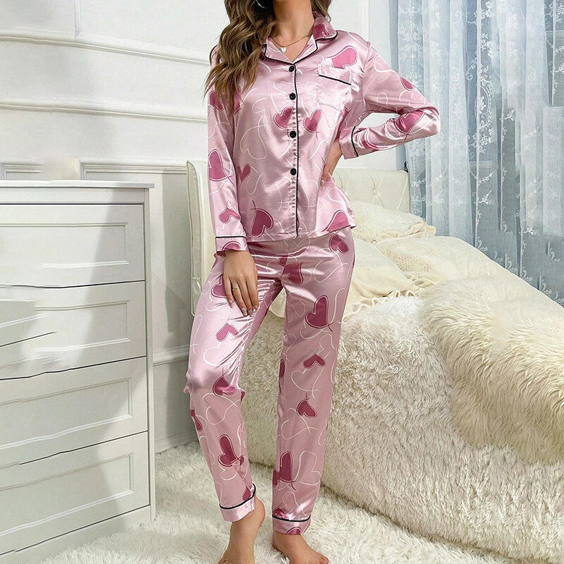 Women Silk Satin Pajamas Set Long Sleeve Button-Down Sleepwear Loungewear Charm