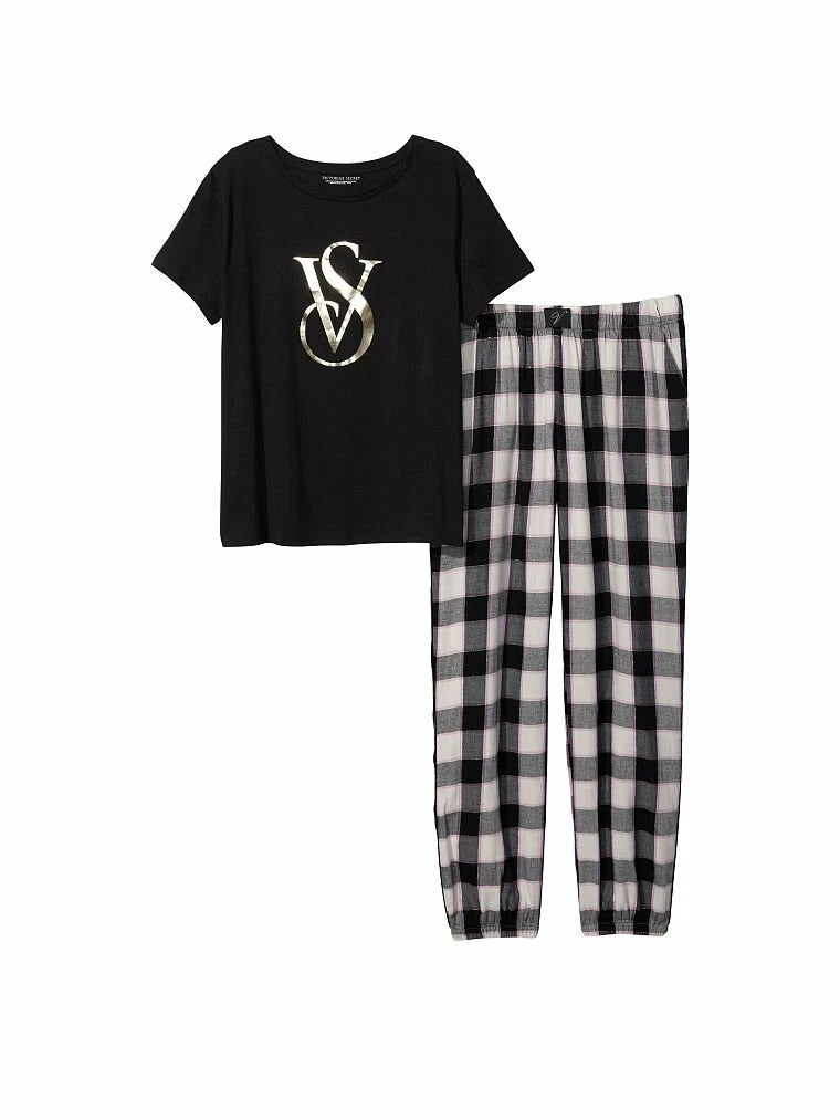 Victoria's Secret Flannel Jogger Tee-Jama Logo Black Plaid XS, S, M, L Sold-Out
