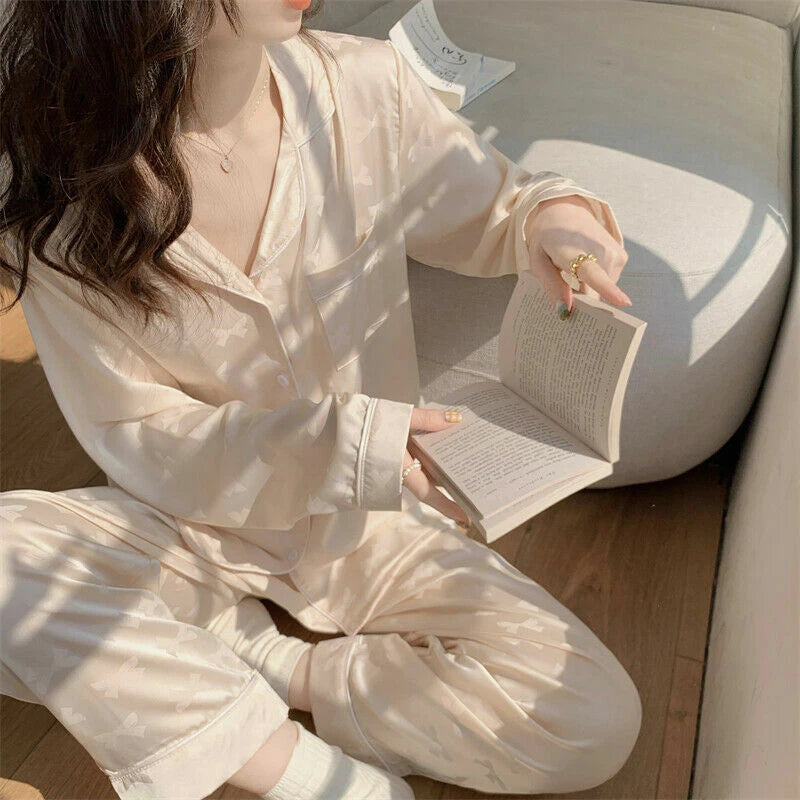 Satin Silk Soft Princess Pajama Set Women HomeClothes BowTie Kawaii Cute Pyjamas