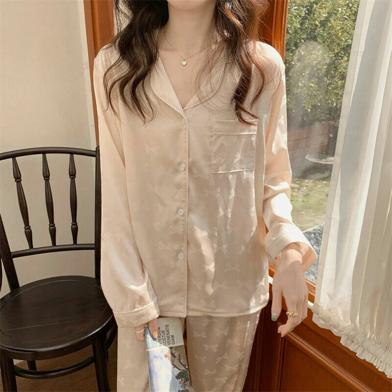 Satin Silk Soft Princess Pajama Set Women HomeClothes BowTie Kawaii Cute Pyjamas