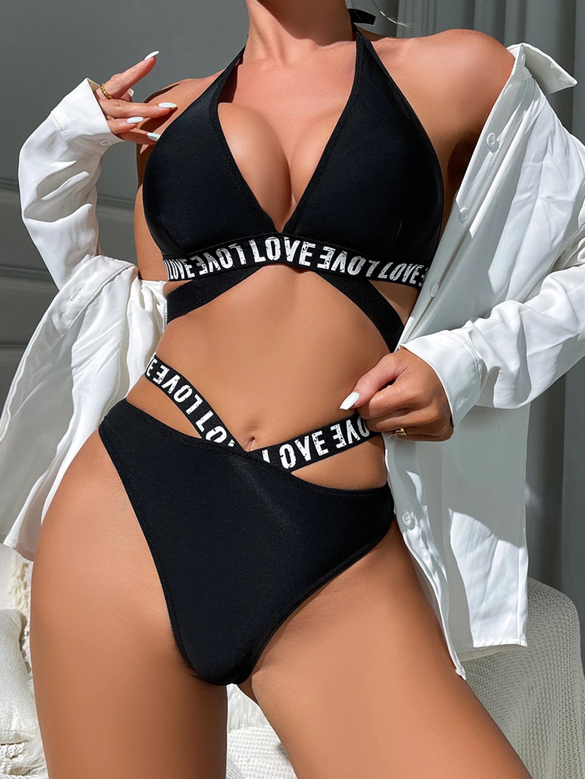 Women Sexy Lingerie Letter Print Belted Bra and Panty 2 Piece Pajamas Set Outfit