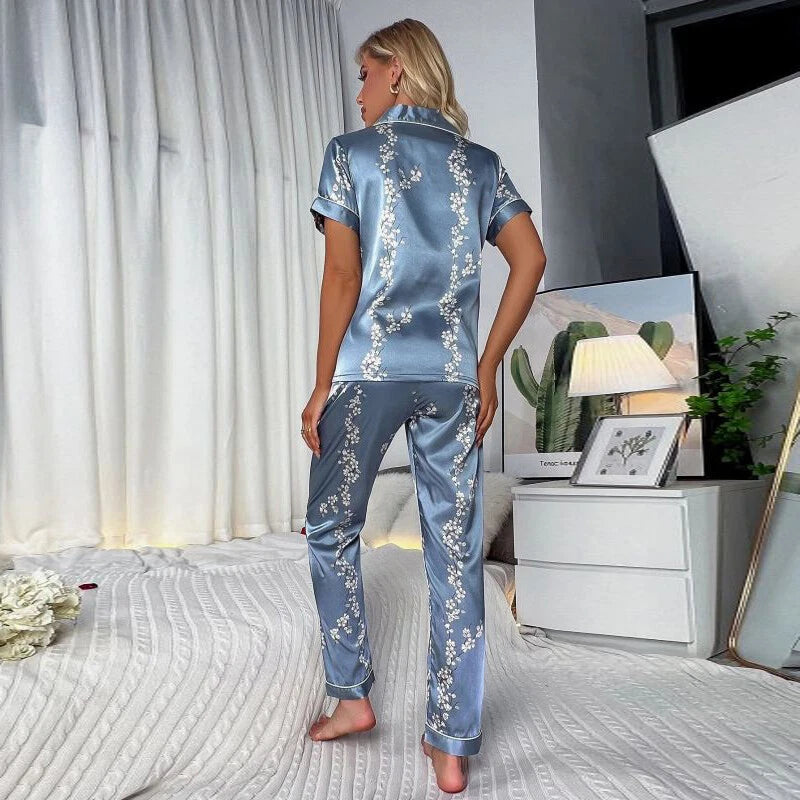 Women's Silk Satin Pajamas Set Short Sleeve Print Sleepwear Nightwear Pyjamas PJ