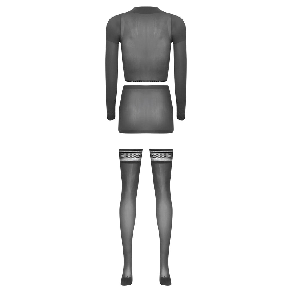 Womens Crop Top And Skirt With Stockings Round Neck Nightwear Tempting Glossy