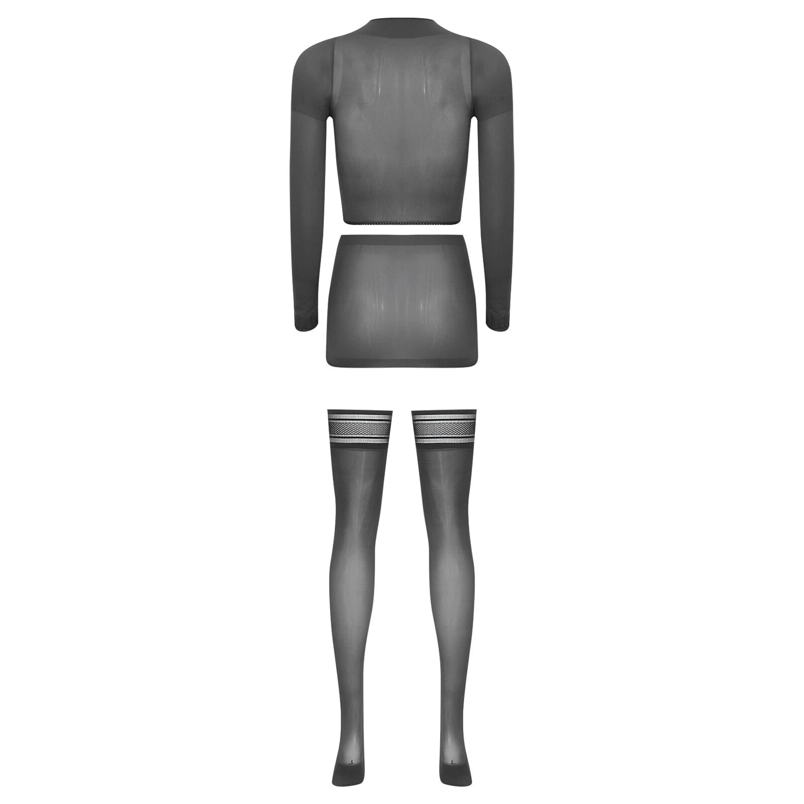 Womens Crop Top And Skirt With Stockings Round Neck Nightwear Tempting Glossy