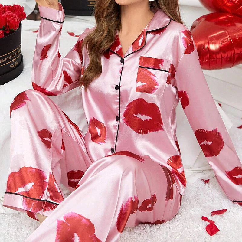Women Silk Satin Pajamas Set Long Sleeve Button-Down Sleepwear Loungewear Charm