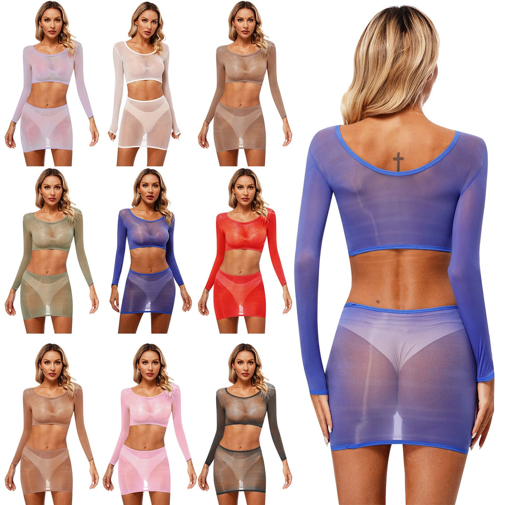 Womens Nightwear Bodycon Clubwear Nylon Outfits Perspective Crop Top Silky Mini