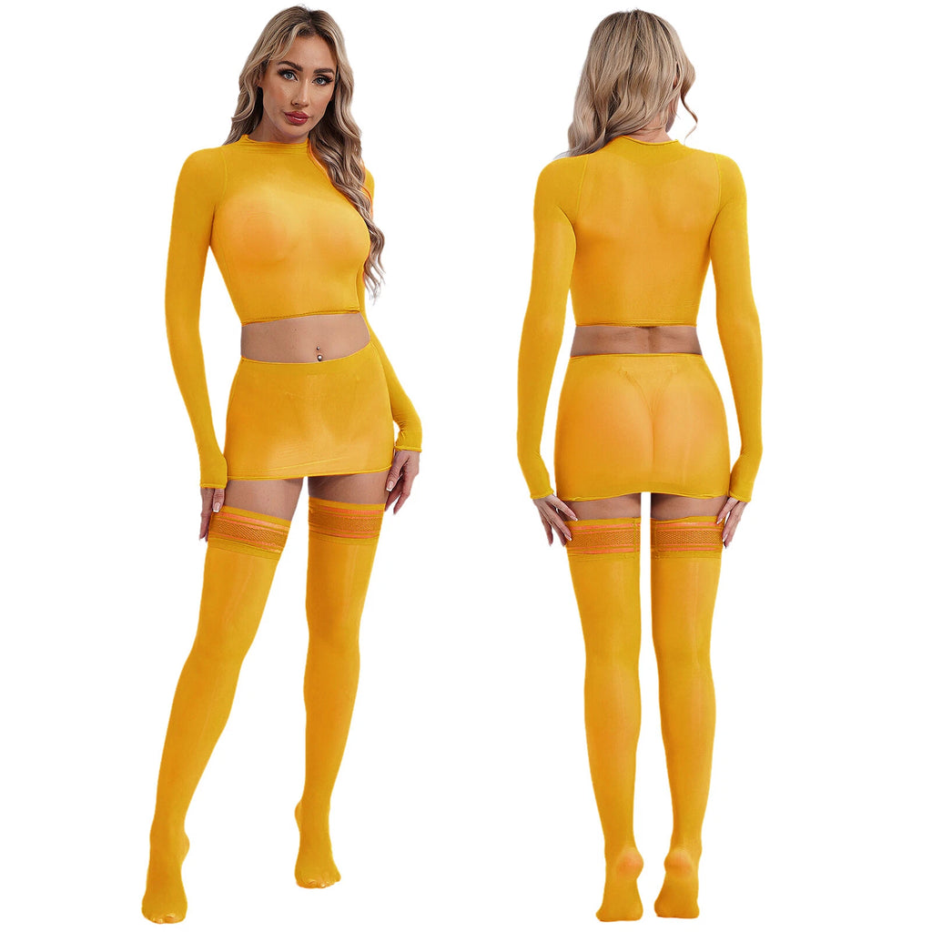 Womens Crop Top And Skirt With Stockings Round Neck Nightwear Tempting Glossy