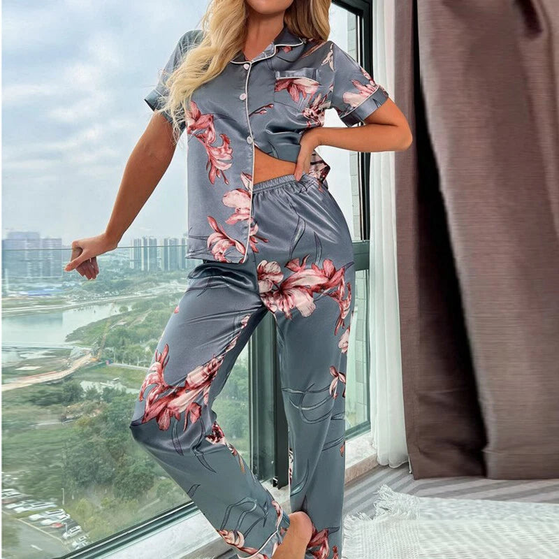 Women's Silk Satin Pajamas Set Short Sleeve Print Sleepwear Nightwear Pyjamas PJ