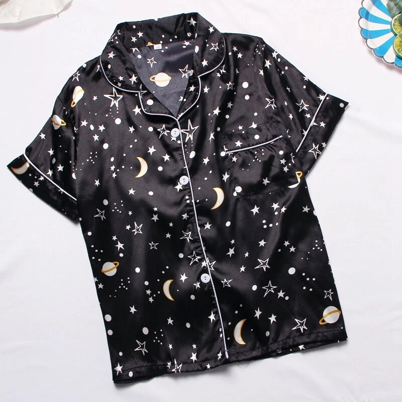 Women's Silk Satin Pajamas Set Short Sleeve Print Sleepwear Nightwear Pyjamas PJ