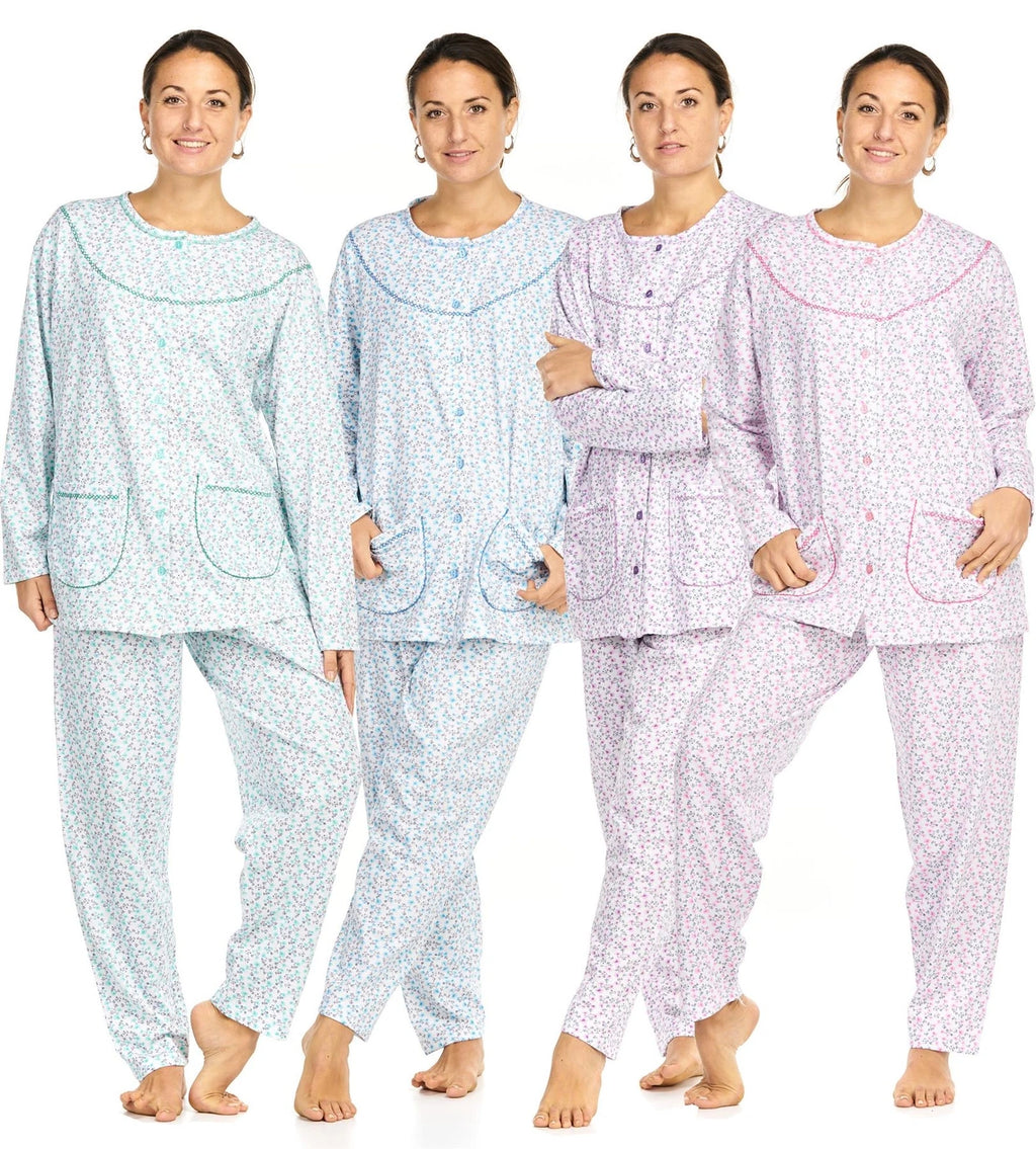 Ladies Pyjama Set Thermal Warm Floral Long Sleeve Buttons Pockets Loungewear