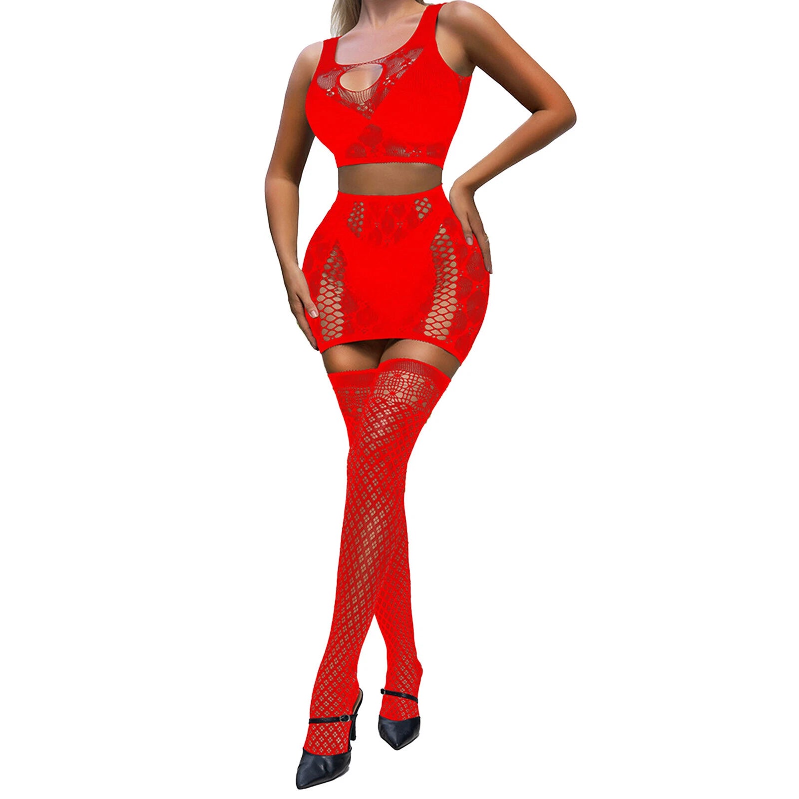 Womens Nightwear See-Through Lingerie Set Thigh High Stockings Babydolls Party