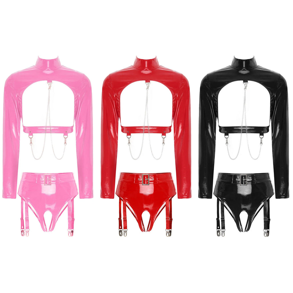 Womens Bar Set Lingerie Romper Underwear Crop Top Sleepwear Patent Leather 2pcs