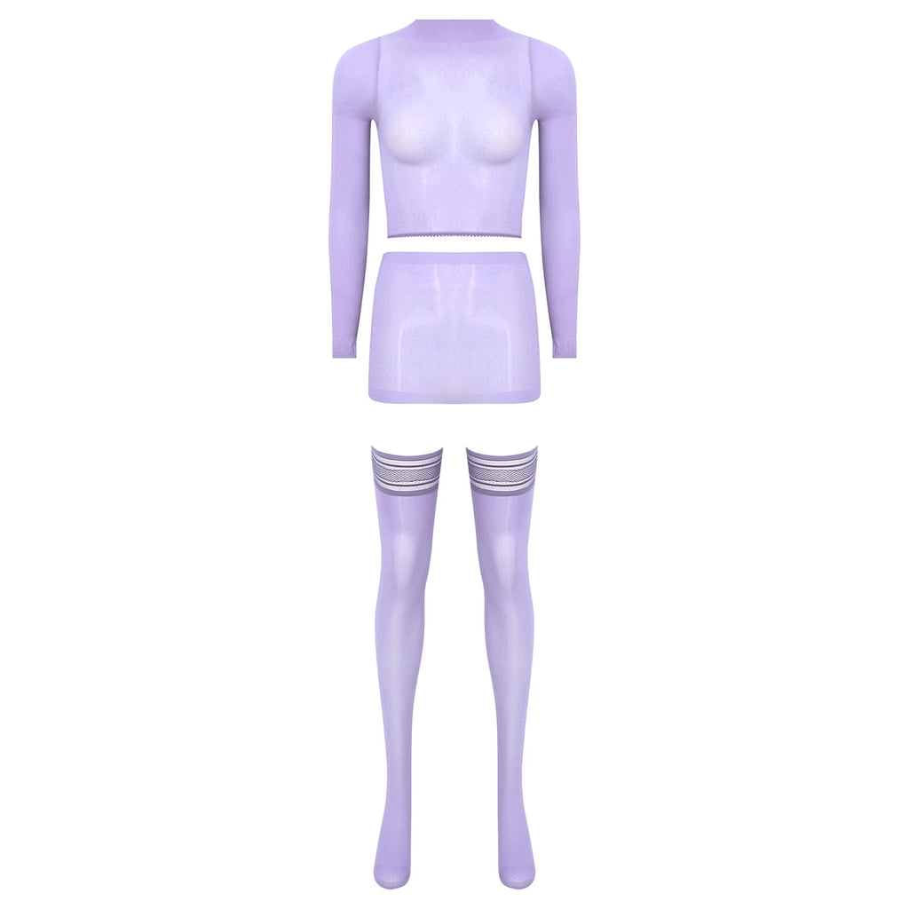 Womens Crop Top And Skirt With Stockings Round Neck Nightwear Tempting Glossy