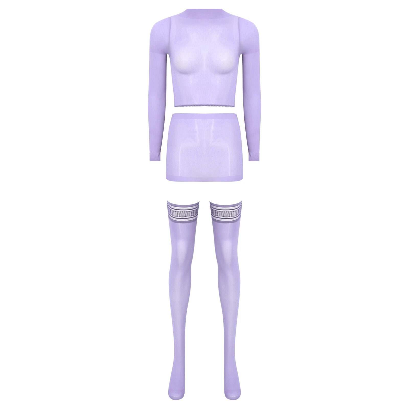 Womens Crop Top And Skirt With Stockings Round Neck Nightwear Tempting Glossy