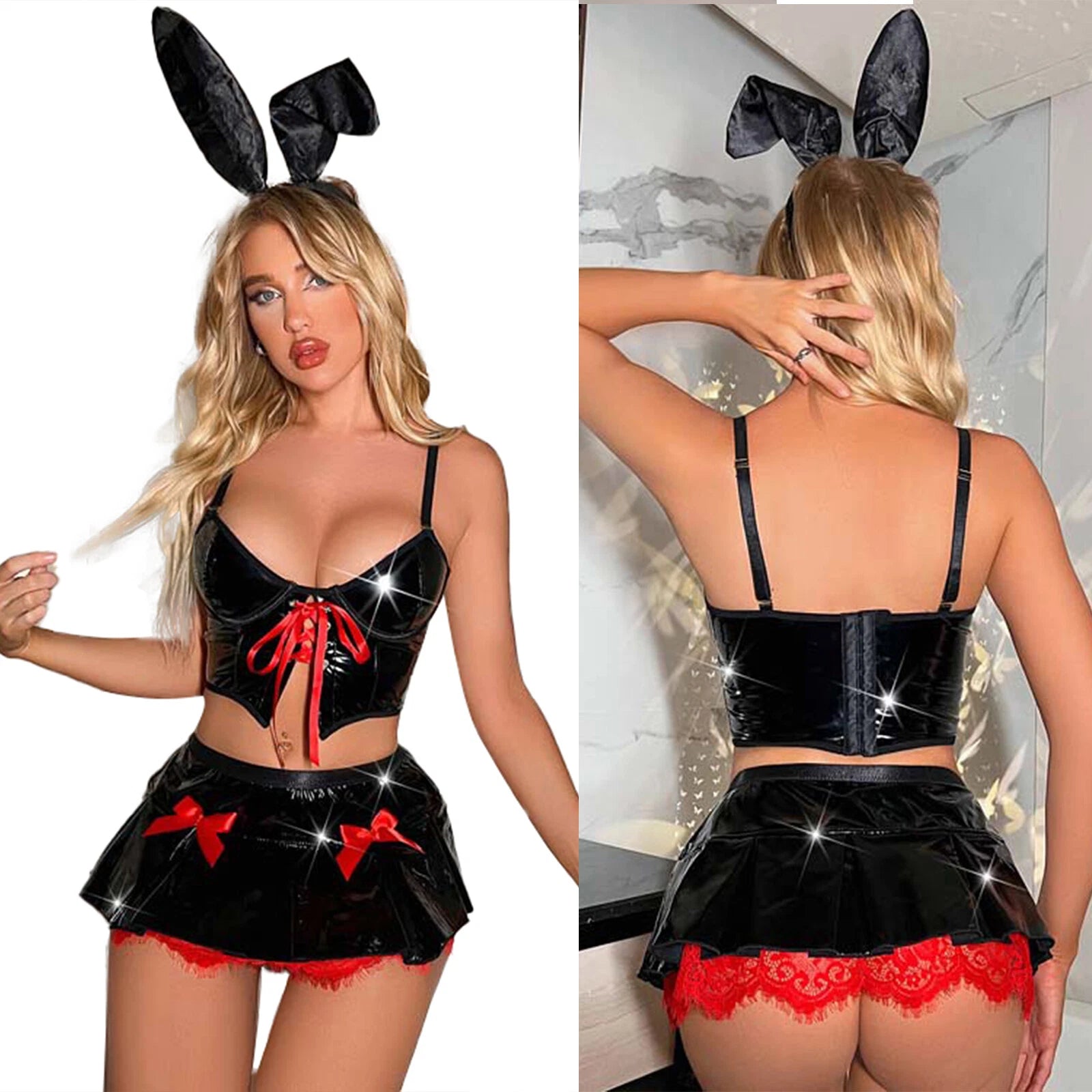 Womens Lingerie Set Sissy Mini Skirt Patent Leather Pajamas Roleplay Sleepwear