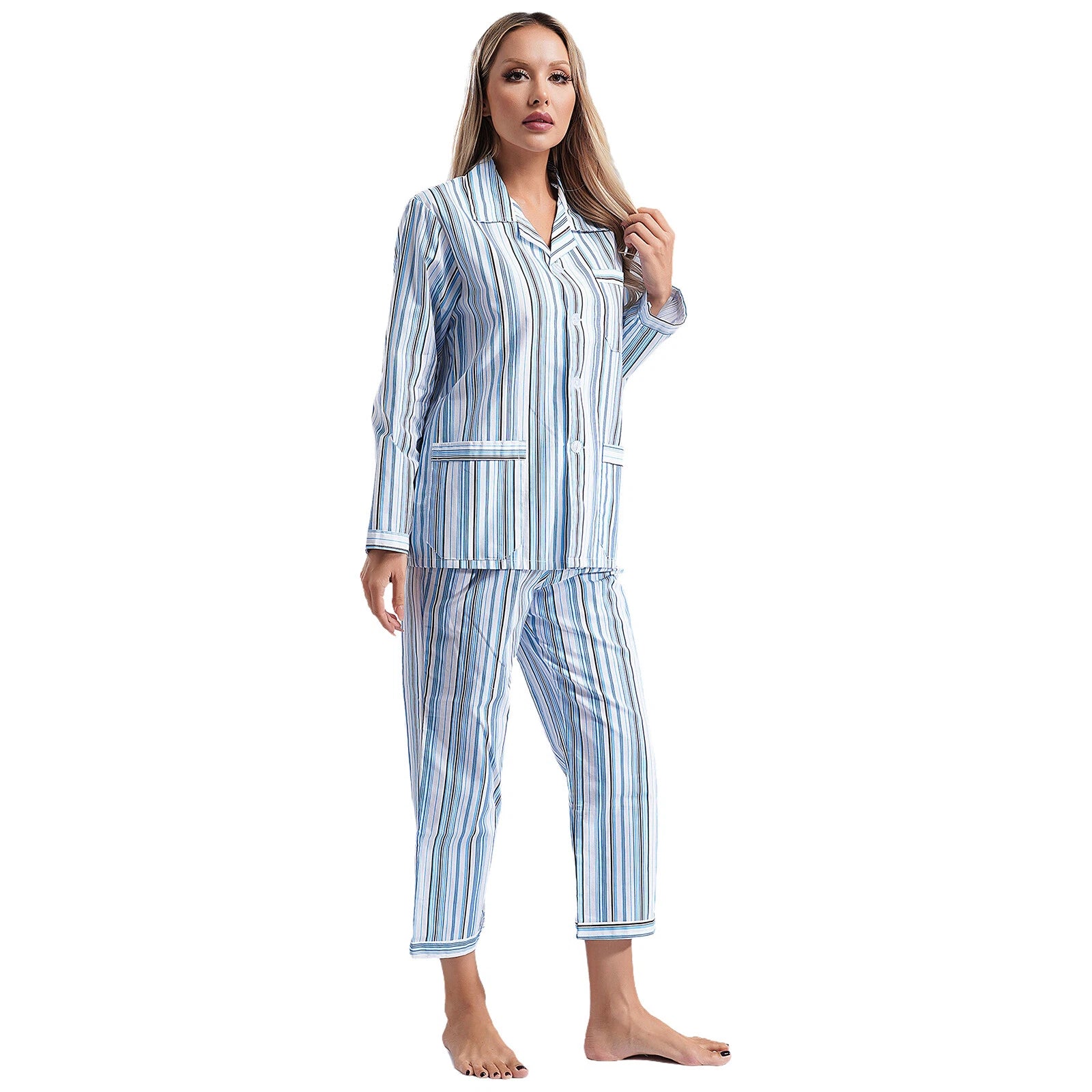 Womens Sleepwear Casual Loungewear Multiple Pockets Pajama Set Button Down Soft