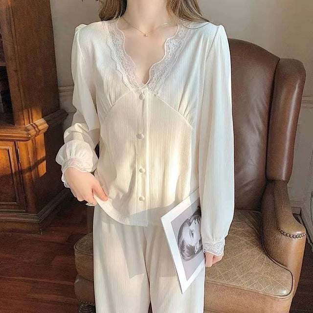 Pajama Sets Solid Lace V-neck Women Sweet Cute Kawaii Casual Long Sleeve  Loose